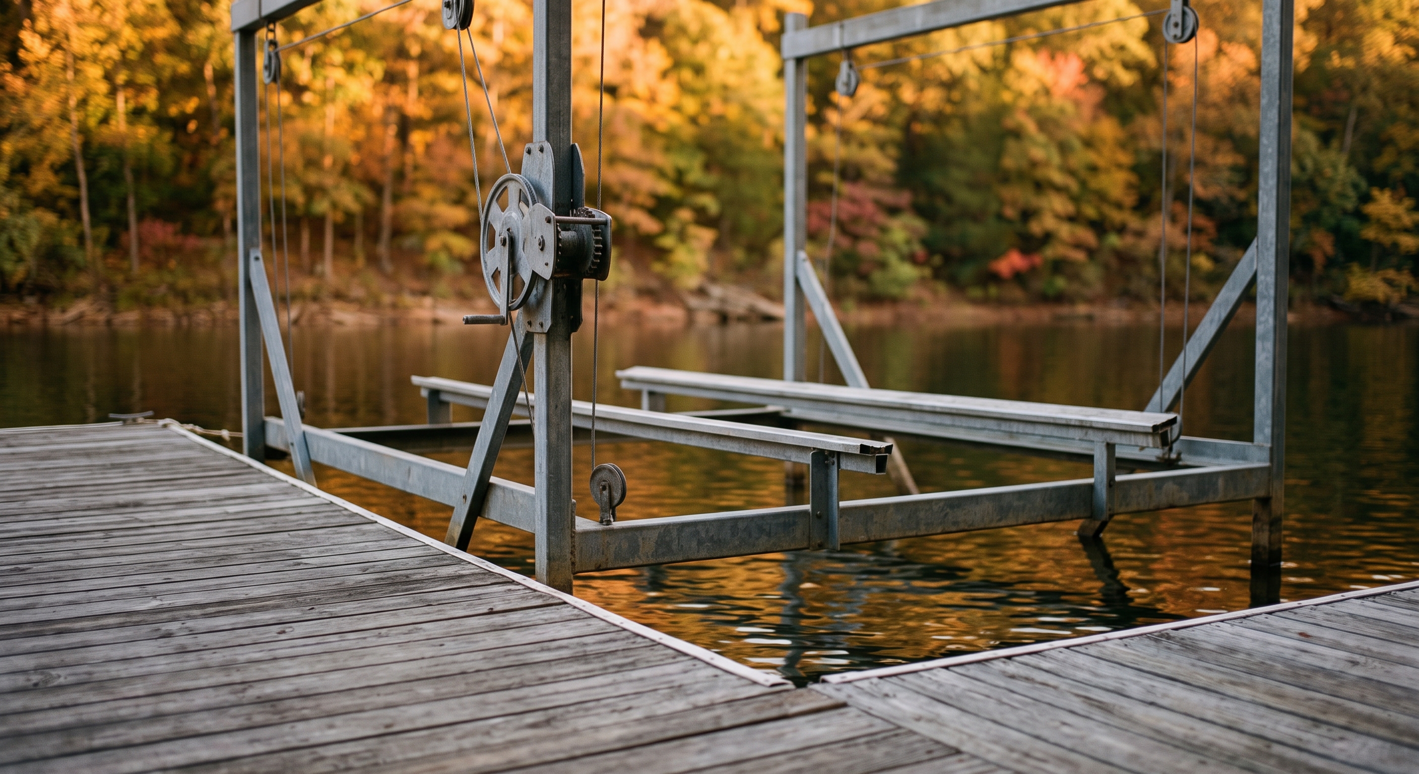 Corner of a floating dock with an empty boat lift cradle, Long Creek arm near Lampe