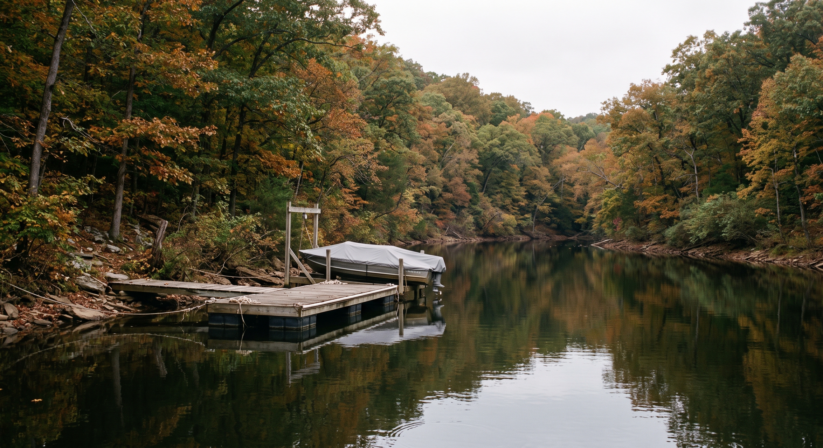 A sheltered cove near Shell Knob on the Kings River arm, with a floating dock and lift