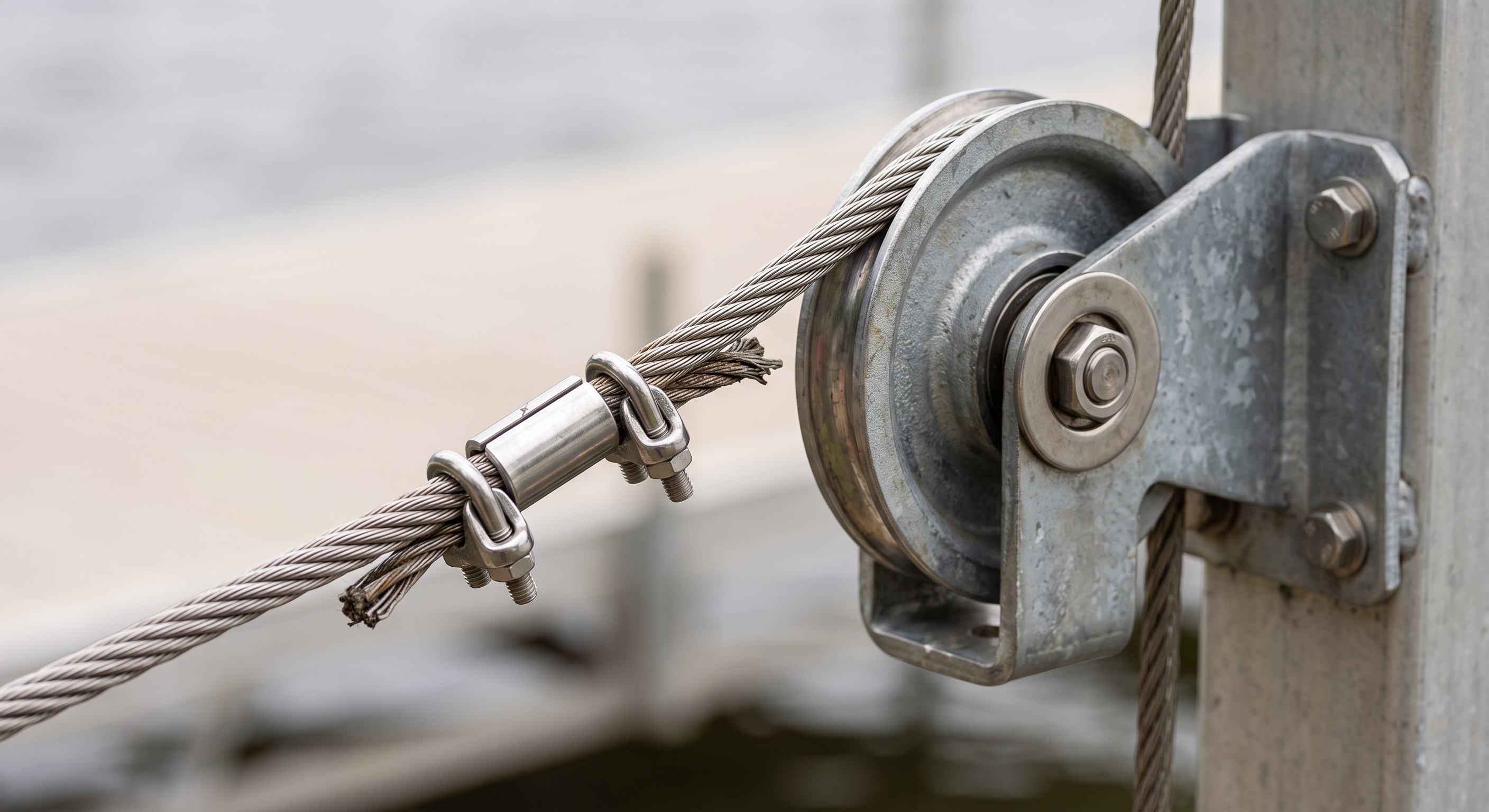 Close-up of a boat lift cable and pulley assembly