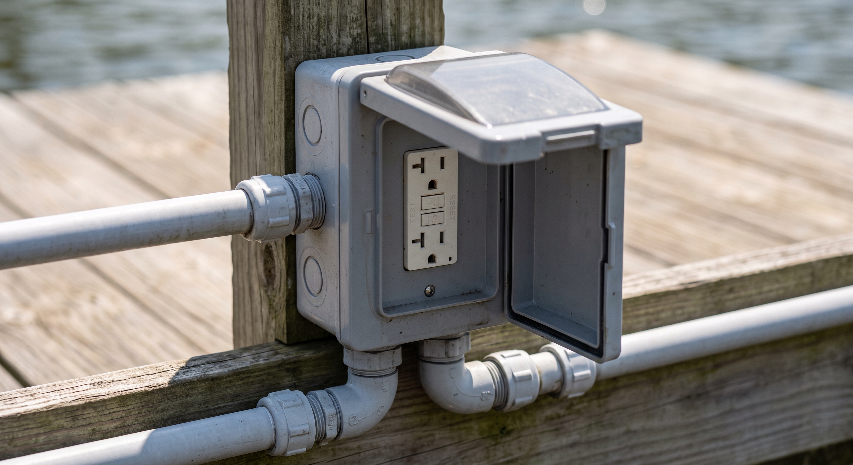 Boat lift electrical control box mounted on a dock