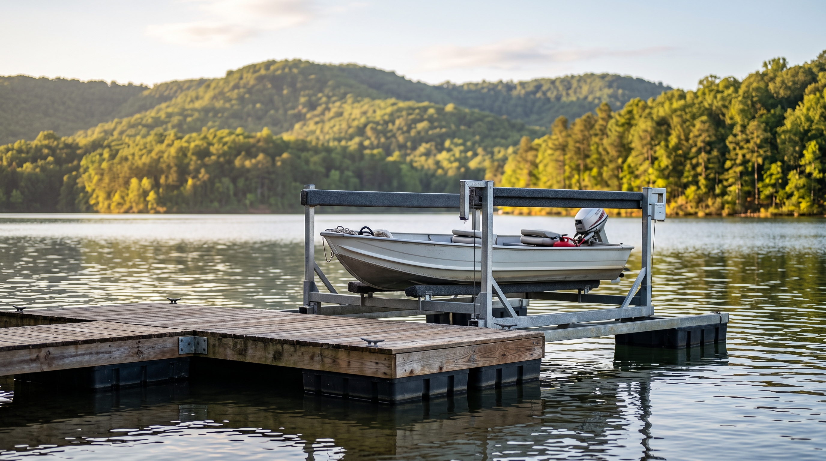 Floating dock with a boat lift on Table Rock Lake, Ozark hills in the background