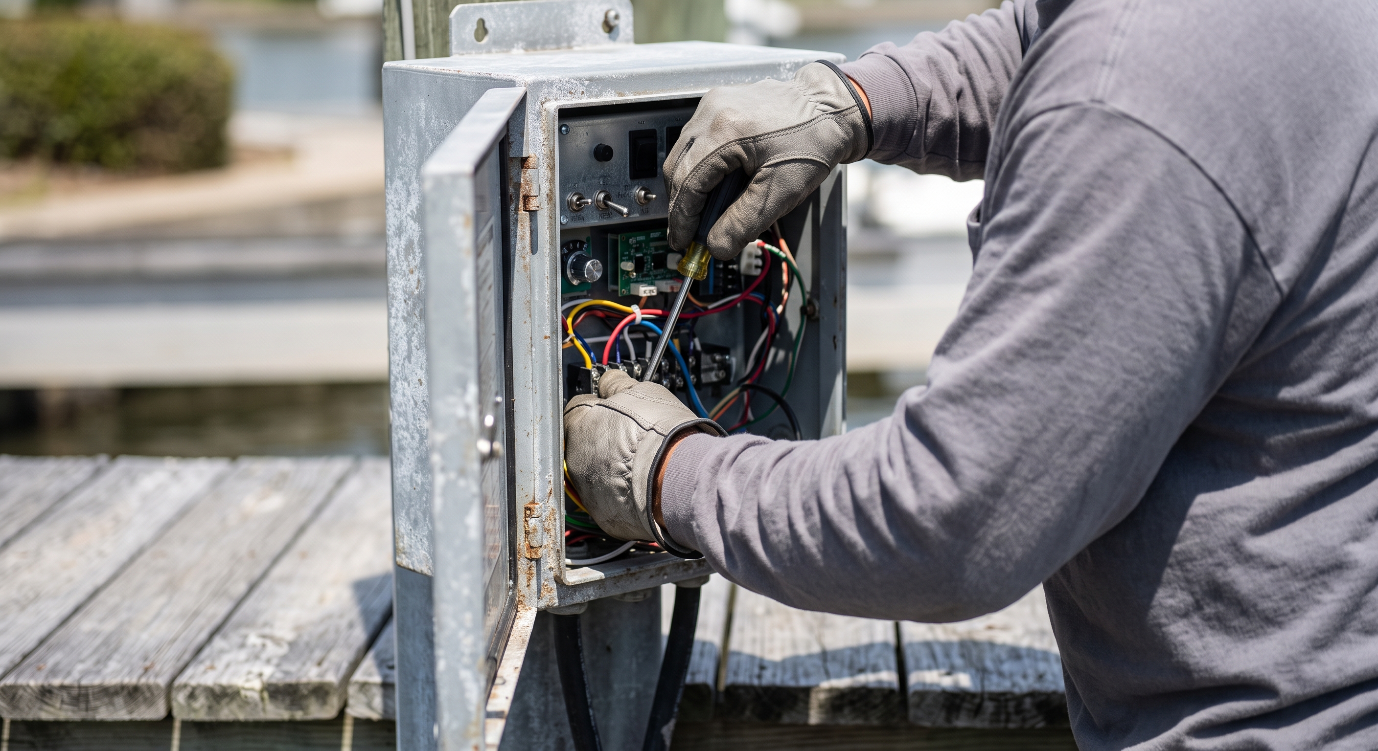 Hands working on a boat lift control box