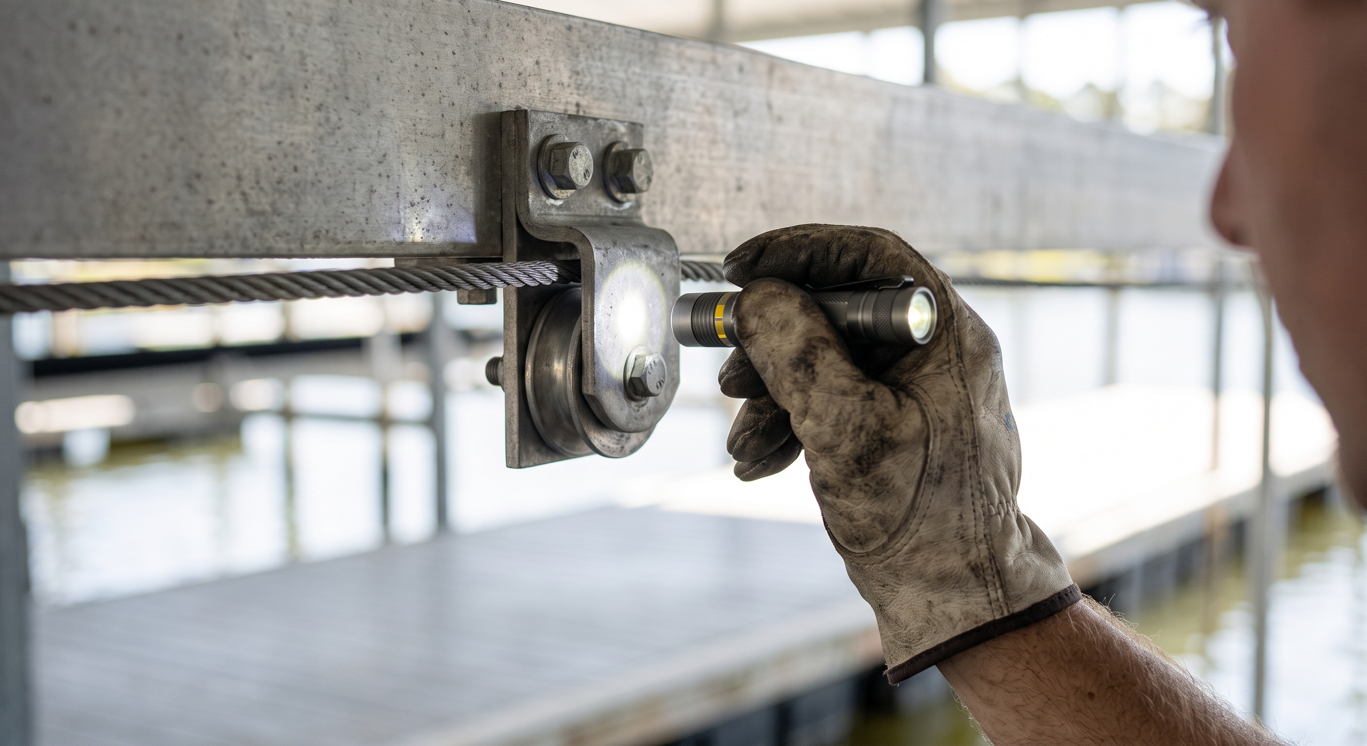 Inspecting a boat lift cable bracket on a dock