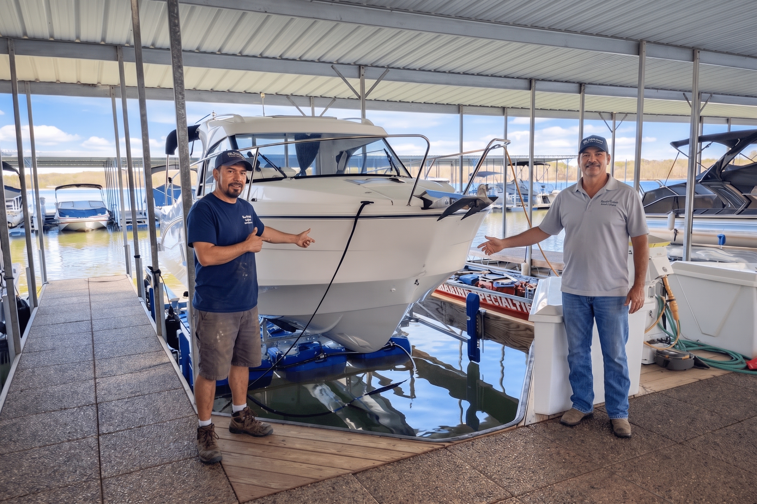 A contractor and a helper working beside a floating boat lift on Table Rock Lake